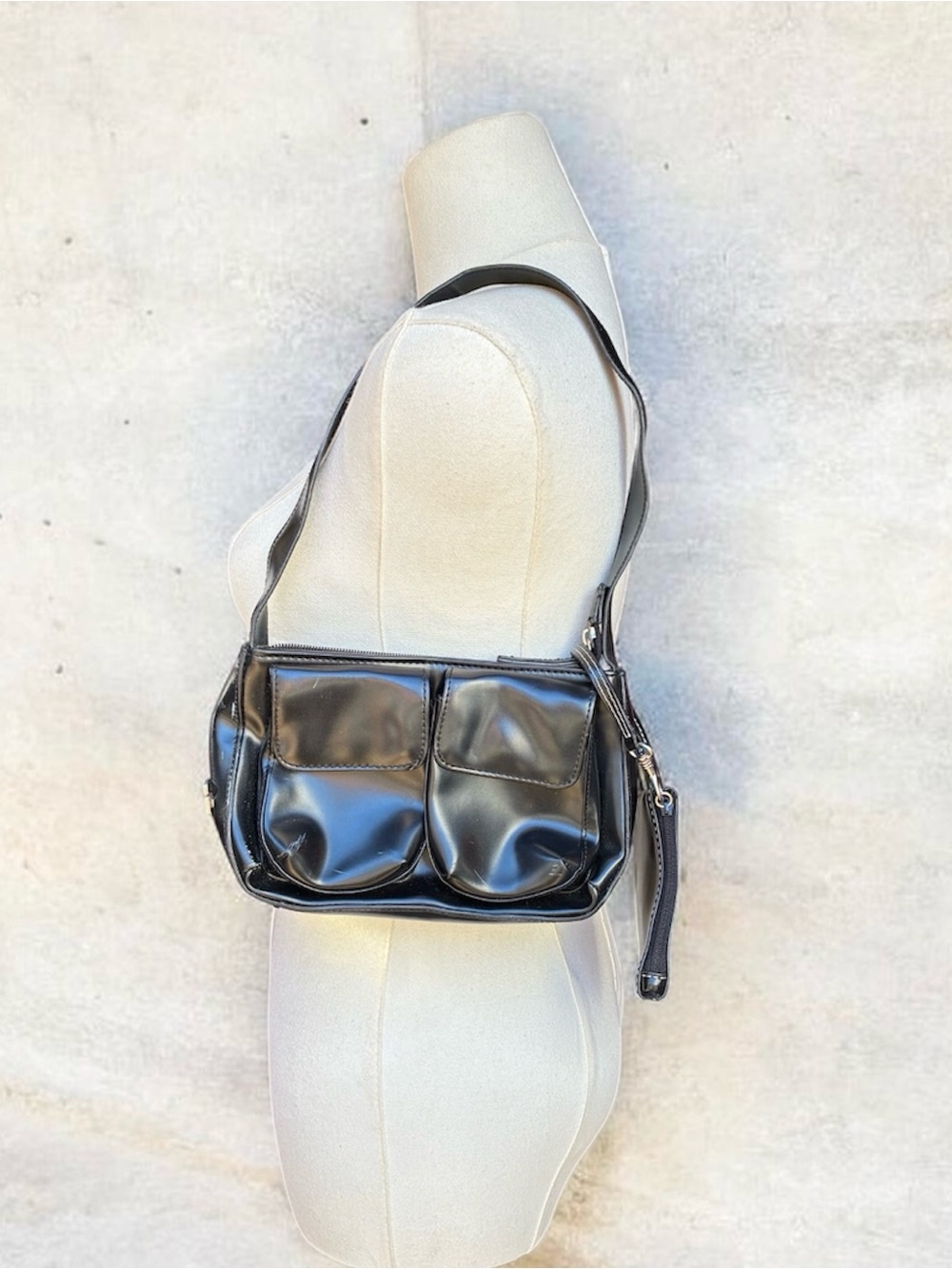 Black Shoulder Bag with Front Pockets - Women's Bag